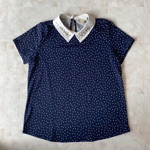 Short sleeve Dark Blue Polka Dot Blouse with Peter Pan Collar (Size M)